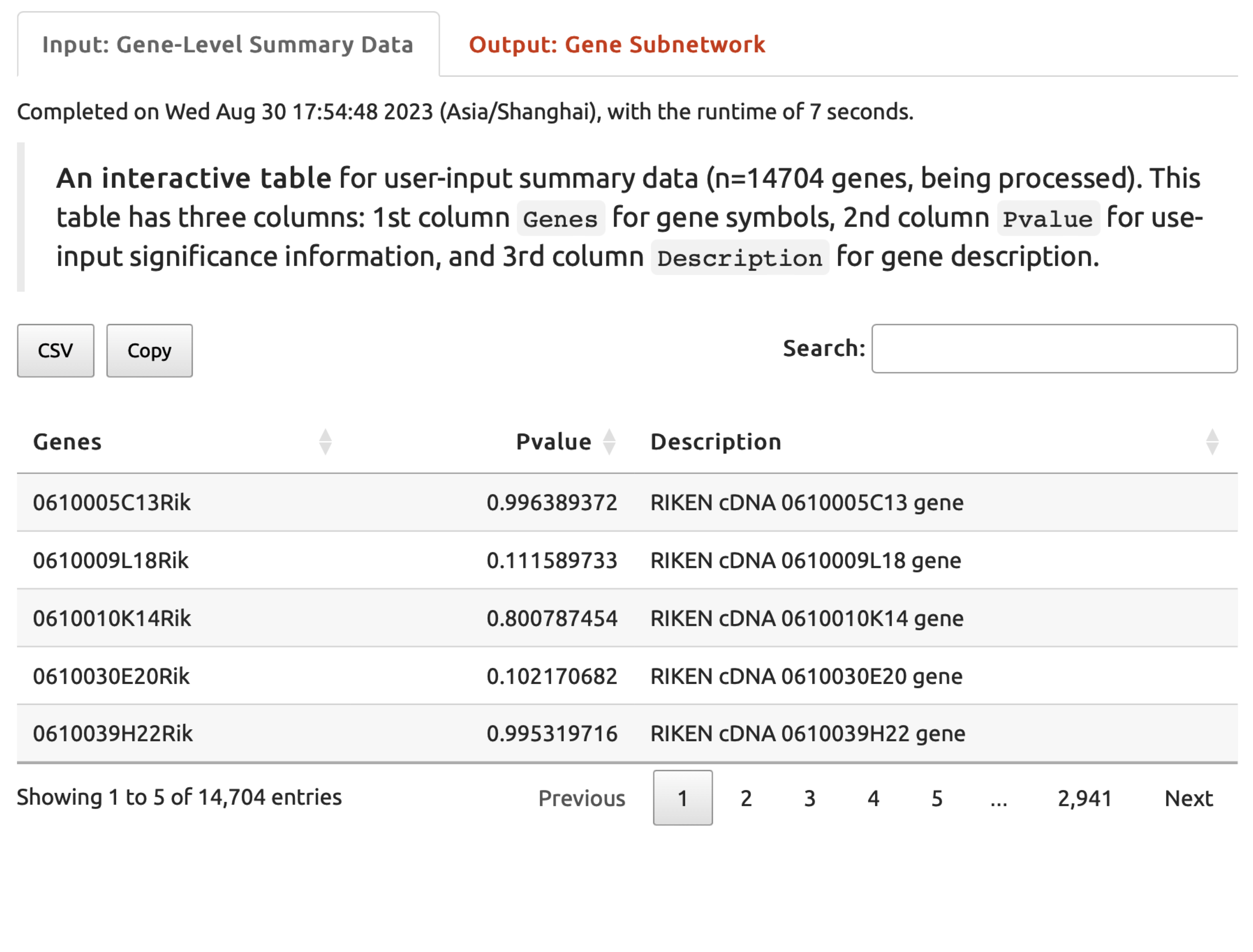 The user-input summary under the `Input: Gene-Level Summary Data` tab returned for exploration.